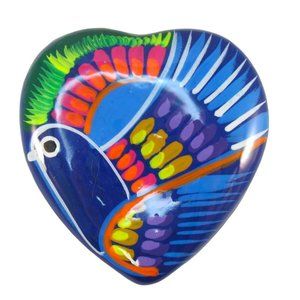 Mexican Redware Heart Hand Painted Trinket Box Dish with Lid